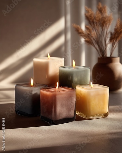 Cluster of lit square scented candles in neutral glass jars with soft shadows