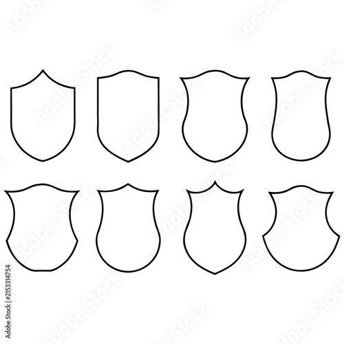Blank Shield Crest Outline Vector Icons Set, Minimalist Heraldic Security Badge Frames for Logo Design, Protection Emblem Templates, Line Art