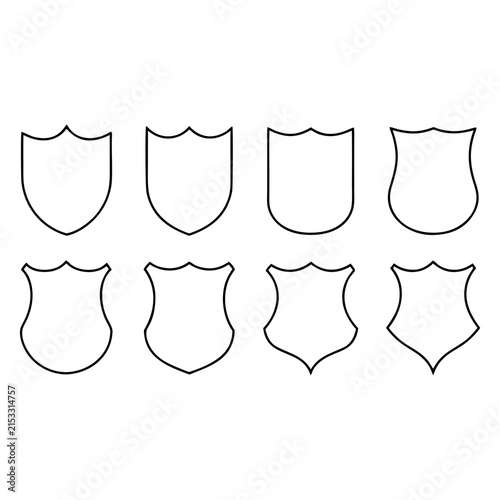 Blank Shield Crest Outline Icon Set, Heraldic Vintage Security Badge Frames, Empty Emblem Templates for Logo Design, Protection Symbol Collection, Line Art
