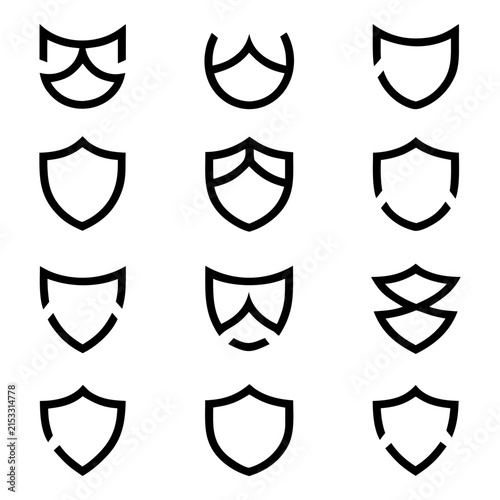 Shield Line Icon Set, Minimalist Security and Protection Crest Outline Vector Templates, Blank Badge Frame Elements for Logo Design and Insignia