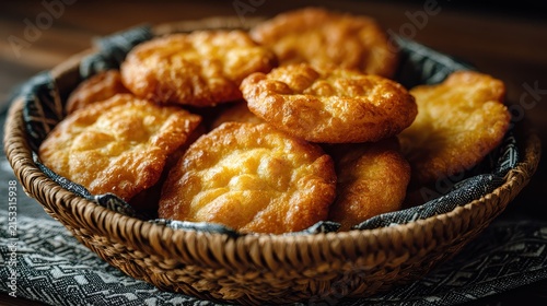 Golden fried pastries fill a wicker basket on patterned fabric. Use this for a food blog or restaurant menu image.