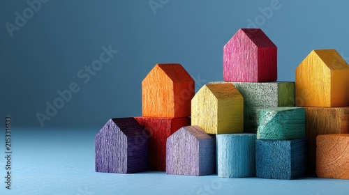 Wooden toy houses in bright colors are stacked against a blue background. Visualize real estate, the housing market, or building and construction.