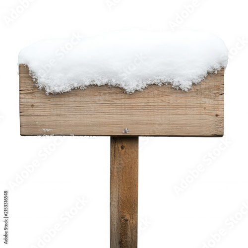 Blank wooden sign with fresh white snow on top, indicating winter information or a cold weather message, transparent background
