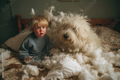Cute toddler and fluffy dog are surrounded by pillow stuffing on a bed. Ideal for illustrating mischief, childhood, pets, or family lifestyle.