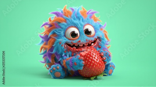 Funny fluffy monster with blue and orange fur eating fresh strawberry. Cute cartoon creature with messy face having berry snack. Imaginative character design for kids and summer themes.