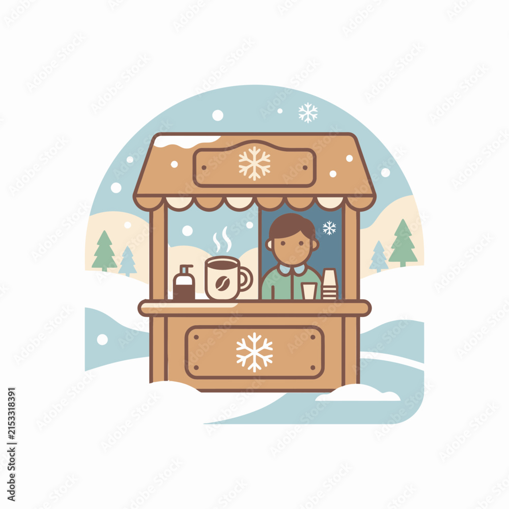 Naklejka premium Winter cocoa stand icon with snow and coffee.
