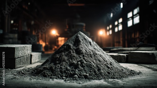 Industrial scene of a grey pile on a concrete floor with factory lights. Use for construction, manufacturing, or industrial themes in your projects.