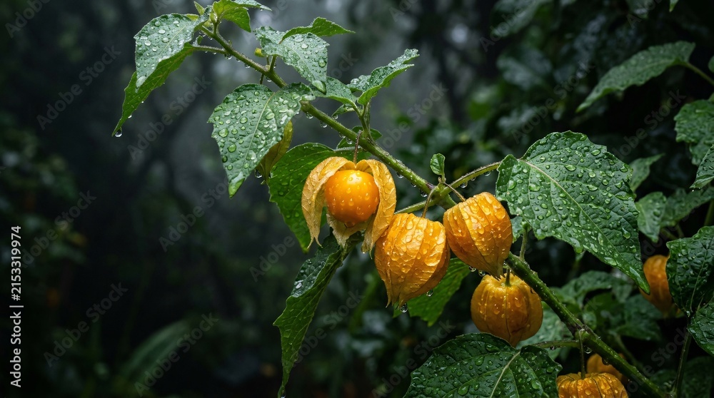 Obraz premium Fresh bright orange golden berries grow on a vibrant green leafy plant covered in sparkling rain droplets against a misty garden space.