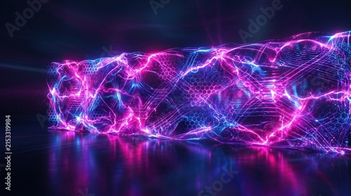 Glowing digital firewall barrier emitting neon energy waves. Abstract visualization of network protection and data security.