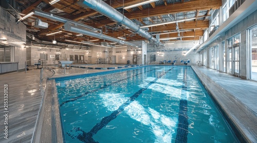 Indoor swimming pool with blue water, wooden ceiling, and open ductwork. Perfect for health, recreation, fitness, and leisure related marketing.