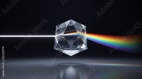 Crystal clarity refracts light into a vibrant spectrum of colors on a dark reflective surface