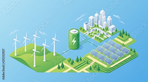 Innovative urban energy system featuring wind turbines solar panels and battery storage