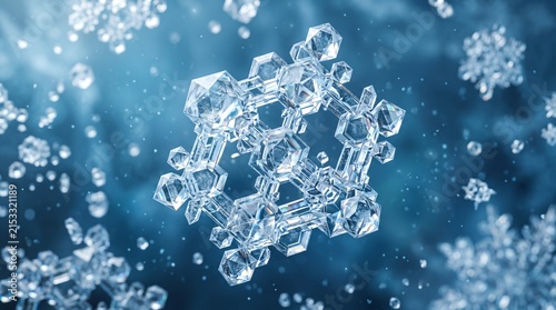 Intricate hexagonal ice crystal formation detailed macro view against a blurred blue background