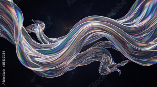 Iridescent flowing fabric with a celestial, cosmic background representing abstract movement and