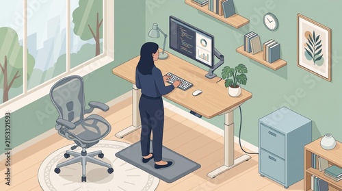 Modern Isometric Home Office Setup Featuring a Woman Working at an Adjustable Standing Desk
