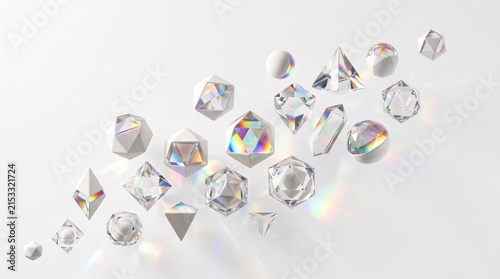 Prismatic Geometric Crystal Forms Reflecting Rainbow Light on a Clean White Background