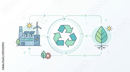 Sustainable energy cycle infographic showing factory wind turbine solar panels and plant growth