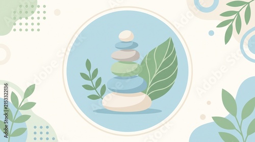 Zen stone balance with soft natural elements and organic shapes conveying serenity and tranquility