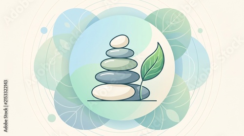 Zen stone stack with fresh green leaf symbolizing balance and natural tranquility