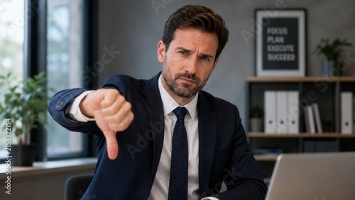Confident businessman showing thumbs down gesture expressing disapproval dissatisfaction and negative feedback