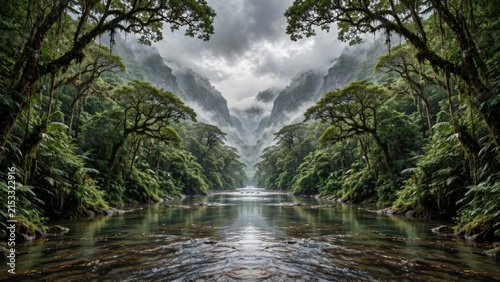 Misty Mountains Reflecting in a Serene Forest River.