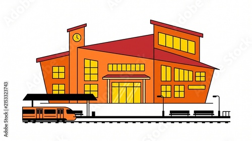 Modern train station building with a passenger train on the platform vector illustration
