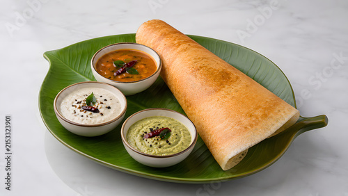 South Indian masala dosa served with sambar and assorted chutneys on a green banana leaf shaped plate