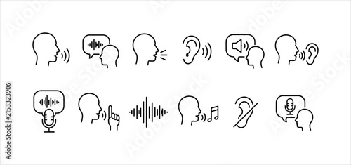 Voice recognition line icon set featuring human head speaking sound waves and ear hearing symbols for modern user interface design.