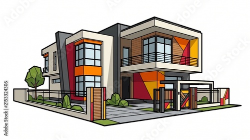 Modern luxury house illustration with colorful architectural design and geometric facade.