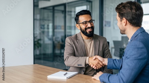 Mature smiling happy professional business man executive, male hr recruiter or bank manager hiring recruit at job interview onboarding corporate office meeting. Handshake with new client concept.