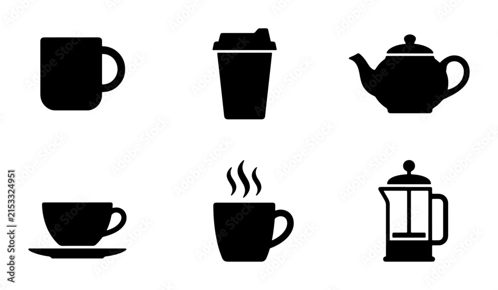 Obraz premium Coffee and Tea Icons: Mug, Teapot, French Press, Cup and Saucer, Takeaway Cup, Hot Drink