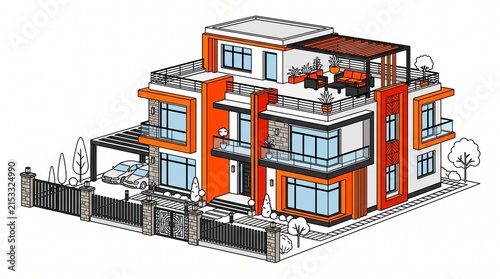 Modern luxury house exterior with orange accents and rooftop terrace isometric illustration