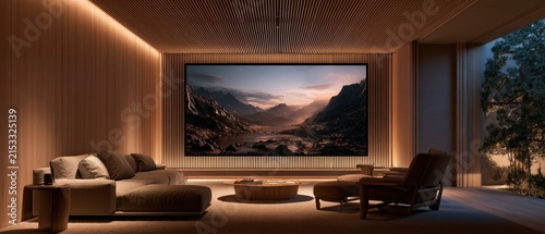 Dark aesthetic living room with video projector and red neon accent light