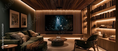 Contemporary basement home theater with red LED backlighting and retro rug