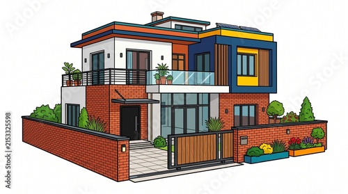 Modern luxury house exterior illustration with brick walls and contemporary architecture.