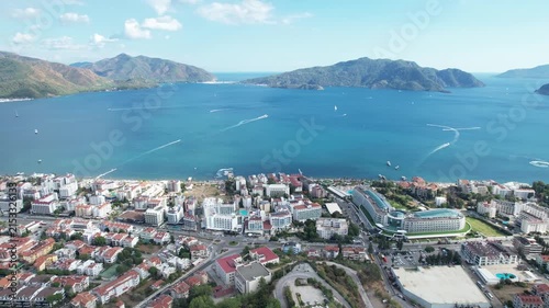 Cinematic Aerial View of Marmaris Resort District with Turquoise Bay and Islands Turkey 4K