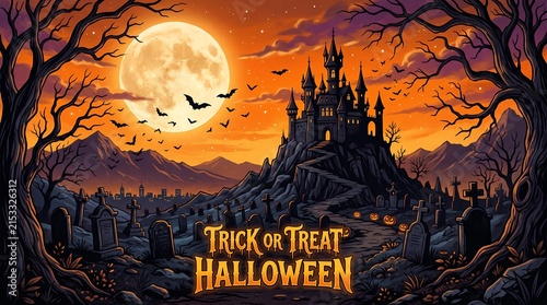 Trick or Treat Halloween Scene with Castle, Cemetery, and Full Moon.