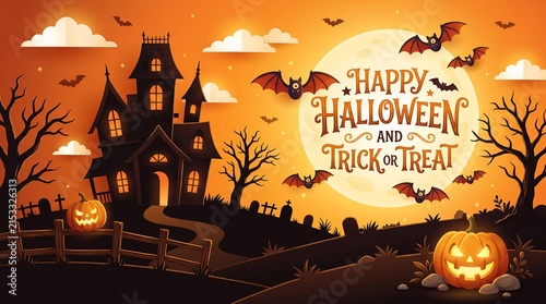 Halloween Scene with Haunted House, Pumpkins, and Bats