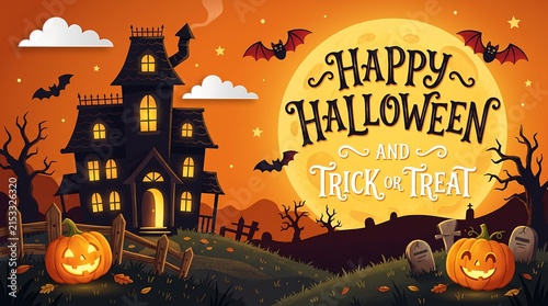 Halloween Scene with Haunted House, Pumpkins, and Bats