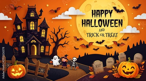 Halloween Scene with Haunted House, Bats, Pumpkins, and Graveyard