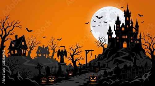 Halloween Scene with Haunted House, Moon, and Pumpkins