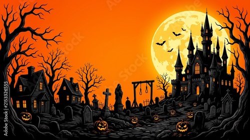 Halloween Scene with Castle, Houses, and Pumpkins