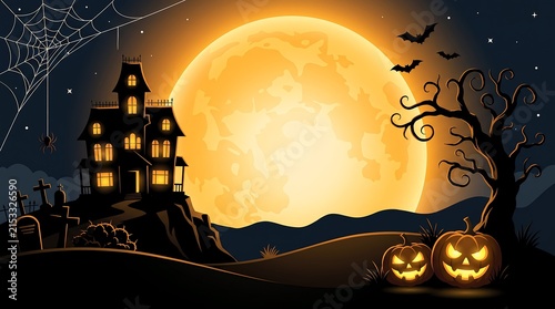 Spooky Halloween Scene with Haunted House, Pumpkins, and Full Moon