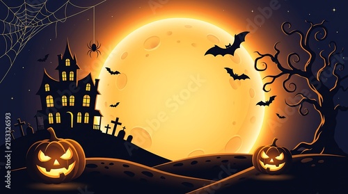 Halloween Scene with Haunted House, Pumpkins, and Bats