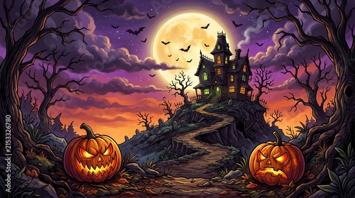 Halloween Scene with Haunted House, Pumpkins, and Full Moon