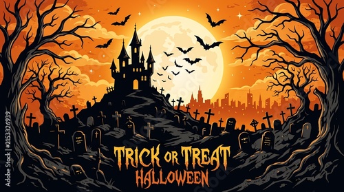 Trick or Treat Halloween Scene with Castle, Bats, and Cemetery