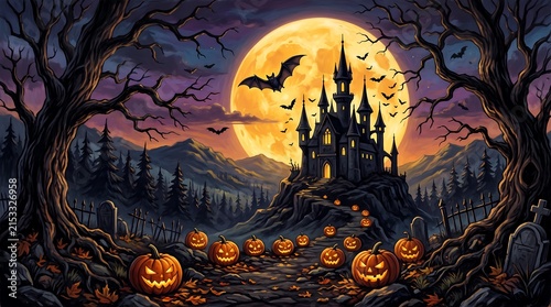 Spooky Halloween Scene with Castle, Pumpkins, and Bats