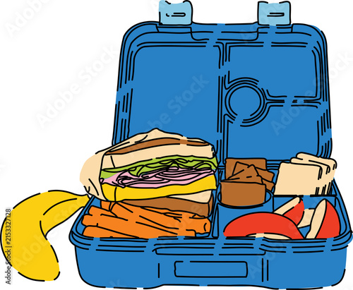 Konstfotografi Blue Lunchbox Packed with Sandwich Carrots Apple and Banana