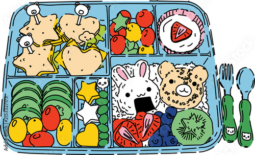 Quadro su tela Colorful Kids Bento with Sandwiches Fruit and Vegetables
