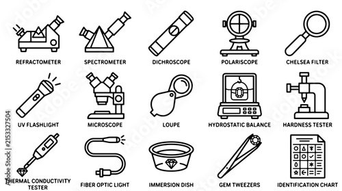 Gemology equipment line icons, 15 professional gemstone identification tools, jewelry appraisal instruments vector set
